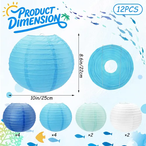 Miniatura 2 de 12 linternas de papel azules, faroles de papel de 10 pulgadas, decoraciones de fiesta azules para bodas, verano, cumpleaños, hogar, temática