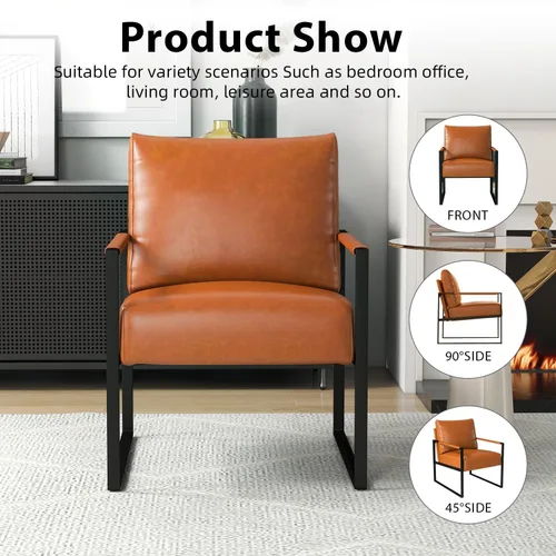 Miniatura 8 de INZOY Silla decorativa de cuero con marco de metal, cómoda silla de sala de estar con respaldo y cojín, silla moderna de mediados de siglo con Marrón