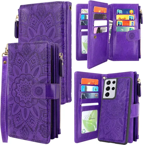 Harryshell Cartera magnética desmontable con cremallera de piel, bolsillo para efectivo con 12 ranuras para tarjetas, correa de muñeca para Samsung