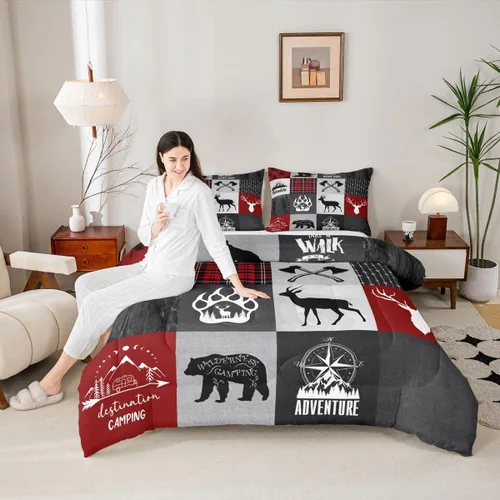 Miniatura 78 de Juego de edredón de cuernos de ciervo tamaño individual, juego de ropa de cama rústica de granja con huellas de oso y pinos para decoración