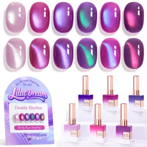 Miniatura 31 de Double Rhythm - Juego de esmalte de uñas de gel ojo de gato de 6 unidades, mismo color, misma botella, 14.8 ml, brillo con glitter, con imán