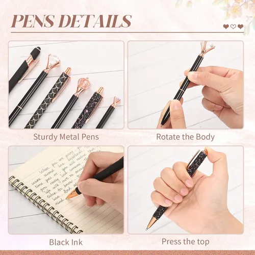 Miniatura 3 de Qeeenar Juego de 6 bolígrafos de bola de metal con cristales de diamante para diario, bonitos y brillantes, elegantes artículos de papelería, tinta