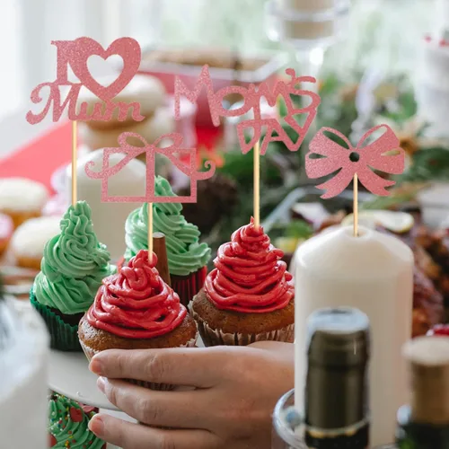 Miniatura 3 de Decoración para cupcakes para el Día de la Madre, 24 piezas con purpurina para fiesta de cumpleaños, suministros de cartón y bambú de primera calidad