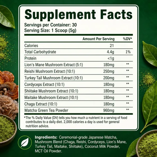 Miniatura 7 de Suiyilary Matcha de hongos, té matcha ceremonial en polvo con 7 hongos superalimentos, sin gluten, sabor genial matcha caliente o frío último, 5.29