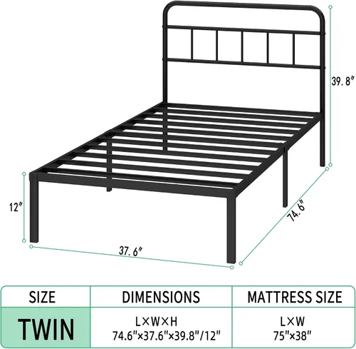 Miniatura 2 de Base de cama individual con cabecera clásica, soporte de listones de metal resistentes, espacio de almacenamiento debajo de la cama, no necesita