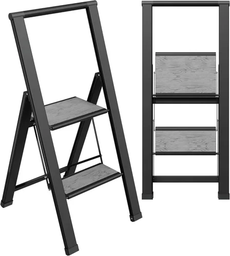 Escalera plegable de 2 escalones, decorativa, hermosa madera gris y aluminio negro, perfil ultra delgado, peldaños antideslizantes, resistente y