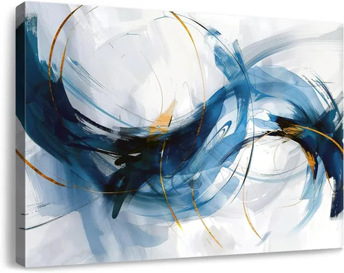 Miniatura 20 de Lienzo abstracto grande para pared, pinturas artísticas modernas de acuarela, fantasía negra y azul, graffiti colorido sobre fondo blanco