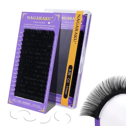 Miniatura 50 de NAGARAKU Extensiones de pestañas, pestañas individuales, 0.05mm, rizo D, 15mm, clásico, negro mate, suave, natural, profesional, 16 filas, 0.05-D