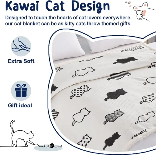 Miniatura 3 de Manta mullida de gato para mujer, manta acogedora de sherpa y gatos, lindas mantas suaves para personas amantes de los gatos, manta de felpa Kawaii