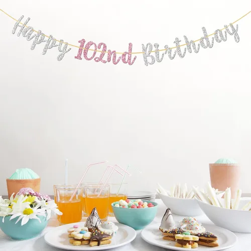 Miniatura 5 de Cartel de feliz cumpleaños número 102, pancarta para mujeres de 102 años, regalos de cumpleaños 102, decoraciones de guirnalda de fiesta de saludos