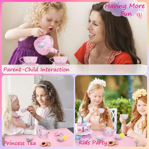 Miniatura 6 de Juego de Té Juguetes para Niñas 36 piezas, Juego de Fiesta de Té de Unicornio de Hojalata Juguete de Juego de Simulación Regalos para Niñas Pequeñas