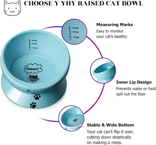 Miniatura 4 de Y YHY Tazón de cerámica para comida y agua de gatos inclinado de 15 onzas, azul lago