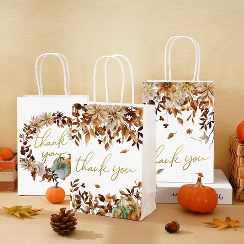 Miniatura 4 de AnyDesign 12 bolsas de regalo de agradecimiento de hojas de otoño con asa, bolsa de papel de otoño de lámina dorada para Acción de Gracias, boda