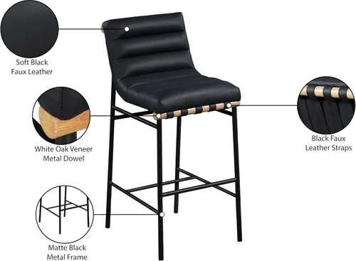 Miniatura 7 de Meridian Furniture 846Black-C Burke Collection Modern Taburete de bar contemporáneo con cuero vegano negro suave, marco de metal negro mate