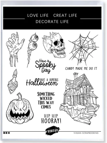 Miniatura 4 de Juego de sellos transparentes espeluznantes y troqueles de corte de metal con diseño de calavera de calabaza de Halloween con paquete de caja