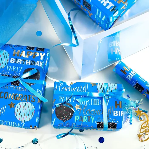 Miniatura 6 de WRAPAHOLIC Papel de regalo para cumpleaños - Rollo mini - 17 pulgadas x 16.5 pies - Papel de regalo azul dorado con foil brillante de feliz Azul