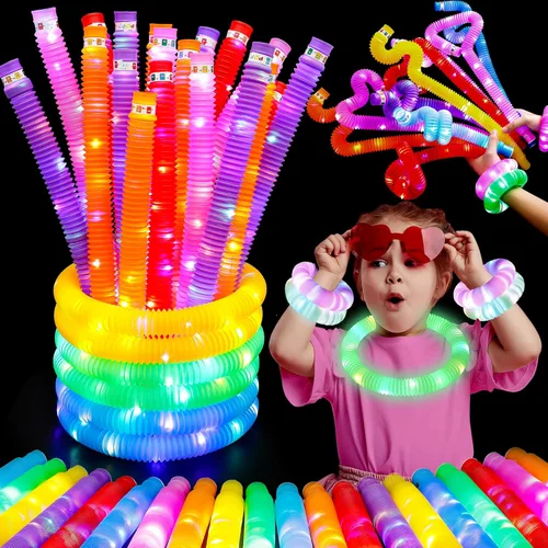 UrChoice Varillas luminosas, 8 tubos LED Pop para fiesta, collares brillantes, juguetes de campamento iluminados, juego imaginativo, decoraciones de