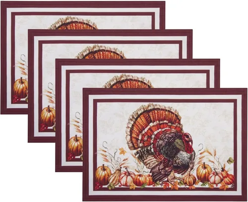 Elrene Home Fashions Autumn Heritage - Manteles individuales de diseño de pavo, juego de 4, 13 x 19 pulgadas