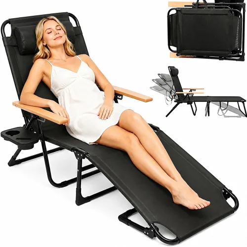 Tumbona plegable para exteriores, tumbona plegable con respaldo reclinable de 4 posiciones, silla de bronceado plegable con reposacabezas ajustable,
