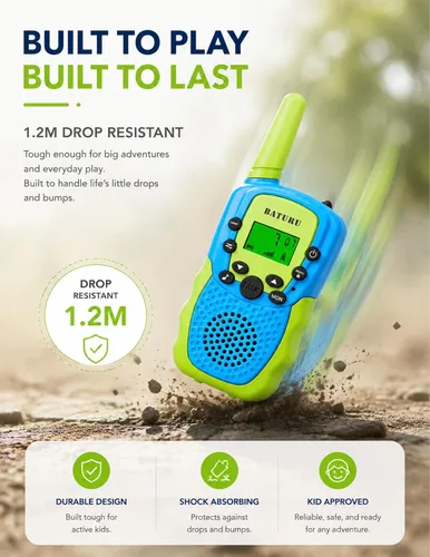 Miniatura 8 de Baturu Walkie Talkies para niños, paquete de 3, regalos para niños y niñas, juguetes de 5-10 años de edad Azul Amarillo Verde Rosa