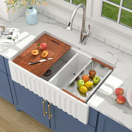 Miniatura 11 de Lordear Fregadero de Cocina Estilo Granja de 36 Pulgadas Blanco de Arcilla Refractaria Porcelana Cerámica Tazón Único Frente de Delantal Fregadero