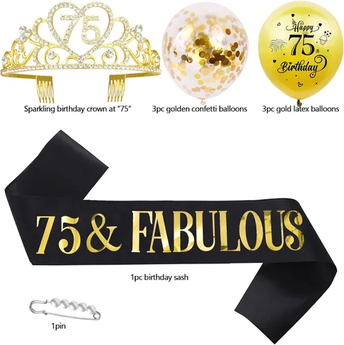 Miniatura 6 de Kit de tiara y banda de cumpleaños número 75 – '75 y fabuloso' banda negra y corona de diamantes de imitación dorados para mujer 75 cumpleaños