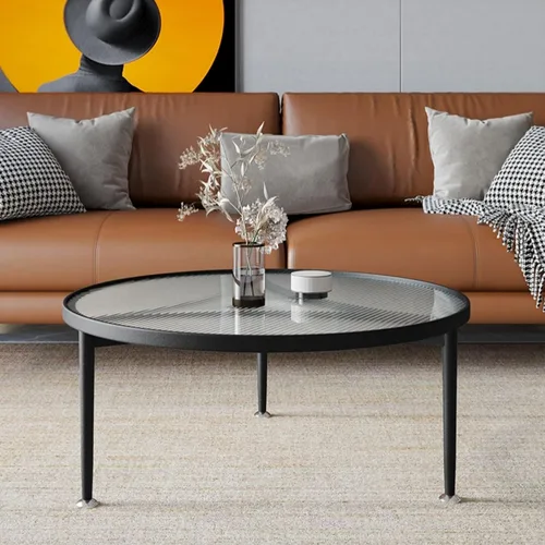 Miniatura 6 de Furniture Coffee Table - with Inset Tempered Glass Top and Metal Frame & Legs - Low Circle Minimalist Center Table Home Decor, Tea/Sofa/End Round
