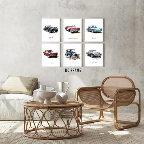Miniatura 4 de HUACANVASART Impresiones artísticas de pared de automóvil clásico en acuarela, póster de pared de automóvil clásico vintage, póster de arte retro