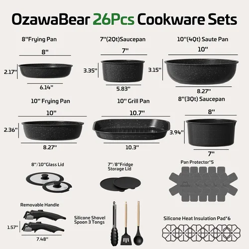 Miniatura 2 de Juego de 26 piezas de ollas y sartenes antiadherentes, juego de utensilios de cocina de cerámica no tóxico con mangos desmontables, juego de cocina