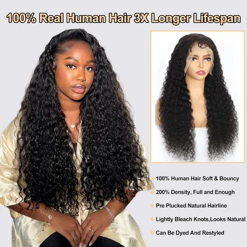 Miniatura 2 de Pelucas de cabello humano ondulado profundo con encaje frontal, densidad del 200%, 13x4 HD transparente, encaje frontal completo, pelucas de cabello
