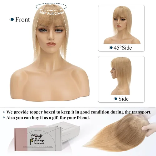 Miniatura 8 de Benehair Peluca de cabello con clip con flequillo, peluca secreta de cabello 100% humano, postizo superior con flecos, peluca de repuesto