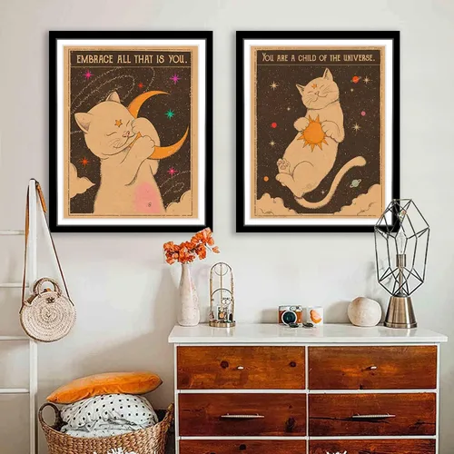 Miniatura 4 de 2 piezas de carta de tarot retro, póster de impresión de sol, luna, gato, arte de pared, hippie, bohemio, estética, decoración de habitación