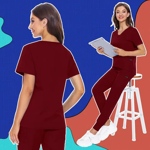 Miniatura 12 de VIAOLI Conjunto de ropa quirúrgica para mujer, camiseta con cuello en V y pantalones médicos tipo cargo para mujer, 10 bolsillos