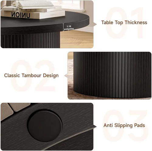 Miniatura 6 de ONBRILL Mesa de centro redonda de 31.5 pulgadas, mesas de centro con diseño de tambor para sala de estar, mesa de centro de madera moderna de Negro