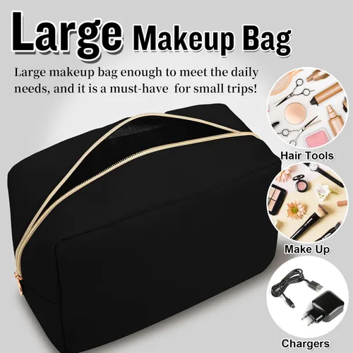 Miniatura 4 de Bolsa de maquillaje grande de nailon para viaje para mujeres, bolsa de cosméticos con cremallera negra grande preppy linda, bolsa de chenilla