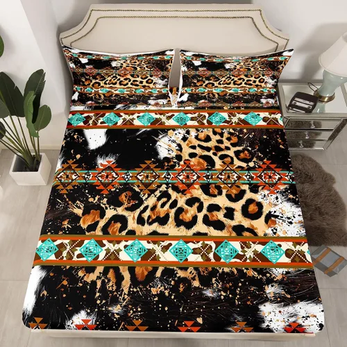 Miniatura 51 de Juego de ropa de cama de estilo bohemio occidental, tamaño individual, diseño de vaca atrapasueños, sábana bajera ajustable del suroeste, tribu