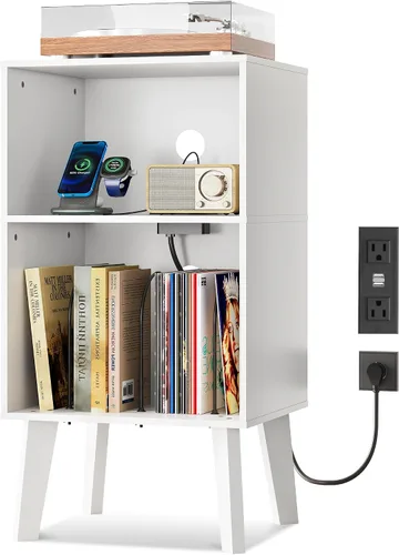 Miniatura 8 de WLIVE - Soporte para tocadiscos con estación de carga, moderna mesita de noche con almacenamiento, mesita de noche de espacio pequeño, mesa auxiliar