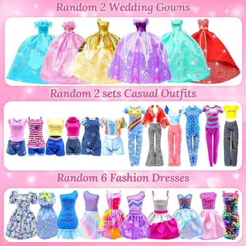 Miniatura 2 de Style Shine Armario de muñecas de 70 piezas con ropa y accesorios, 2 vestidos de novia, 6 vestidos de moda, 2 atuendos casuales, 2 trajes de baño