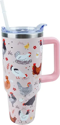 Vaso de 40 onzas con asa y tapa con popote a prueba de fugas, diseño de pollo y gallo, taza de viaje de café con asa aislada para bebidas frías y