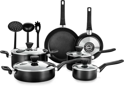 NutriChef NCCWA13.5 - Juego de utensilios de cocina antiadherentes de 13 piezas, sin PTFE/PFOA/PFOS, resistentes al calor, ollas de cocina, Negro