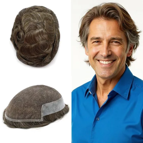 Miniatura 98 de LYRICAL HAIR Sistema de cabello humano con encaje frontal francés para hombres, tupé de piel de polietileno para hombres, línea capilar natural