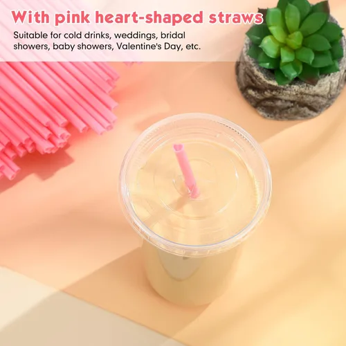 Miniatura 5 de Ziliny 50 Juegos de Vasos de Plástico Transparente con Pajitas y Tapas Rosas en Forma de Corazón, Vasos Desechables para Café Helado Drinking Pet