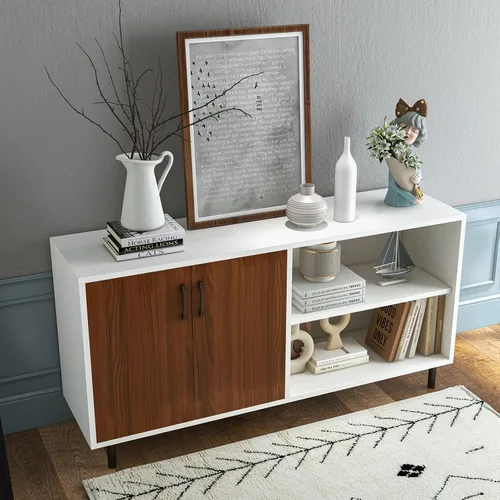 Miniatura 4 de Giantex Aparador de buffet, armario de almacenamiento moderno con 2 puertas y estantes abiertos, armario de cocina de 58 pulgadas con patas