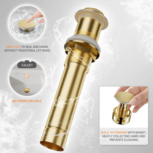 Miniatura 9 de Phiestina NS-SF01-BG-V - Grifo de fregadero alto de baño de oro cepillado, llave única de un solo agujero, cascada moderna, con drenaje desplegable