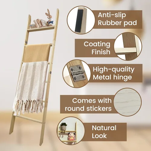 Miniatura 4 de Escalera para Mantas de 6 Niveles – Perchero de Edredones de 5.5 Pies (1.68 m) para Apoyar en la Pared, Almacenamiento de Mantas Estilo Granja