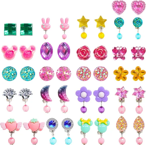 HaiMay - 21 pares de aretes con clip para niñas, aretes de juego para fiesta, todos empaquetados en cajas transparentes.