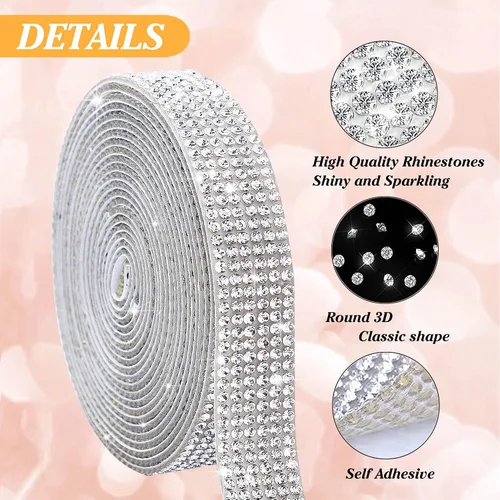Miniatura 3 de Tiras adhesivas blancas con diamantes de imitación de cristal Cinta de diamantes de imitación Bling pegatina con 2 mm de diamantes de imitación