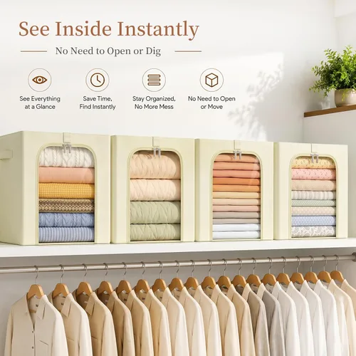 Miniatura 6 de GoMaihe Clothes Storage Bins with Metal Frame, 40L Sweater Storage Boxes for Above Shelf Closet, 4 Pack Stackable Clothing Storage Organizer with