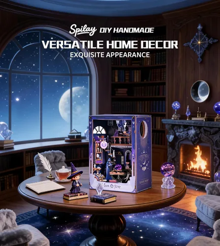 Miniatura 4 de Spilay Kits de rincón de libros para adultos, Luna Tarot Book Rook con luz LED y cubierta antipolvo, rompecabezas de madera 3D, kit de casa