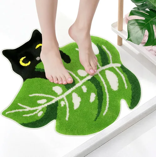 Miniatura 4 de Alfombras de baño con hojas verdes, alfombra Monstera de gato negro, alfombra de baño grande y bonita de 30 x 28 pulgadas, alfombras suaves
